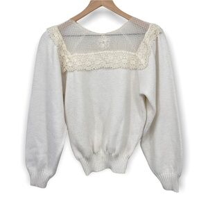 Vintage Lace panel sweater white Balloon sleeve fitted waist
